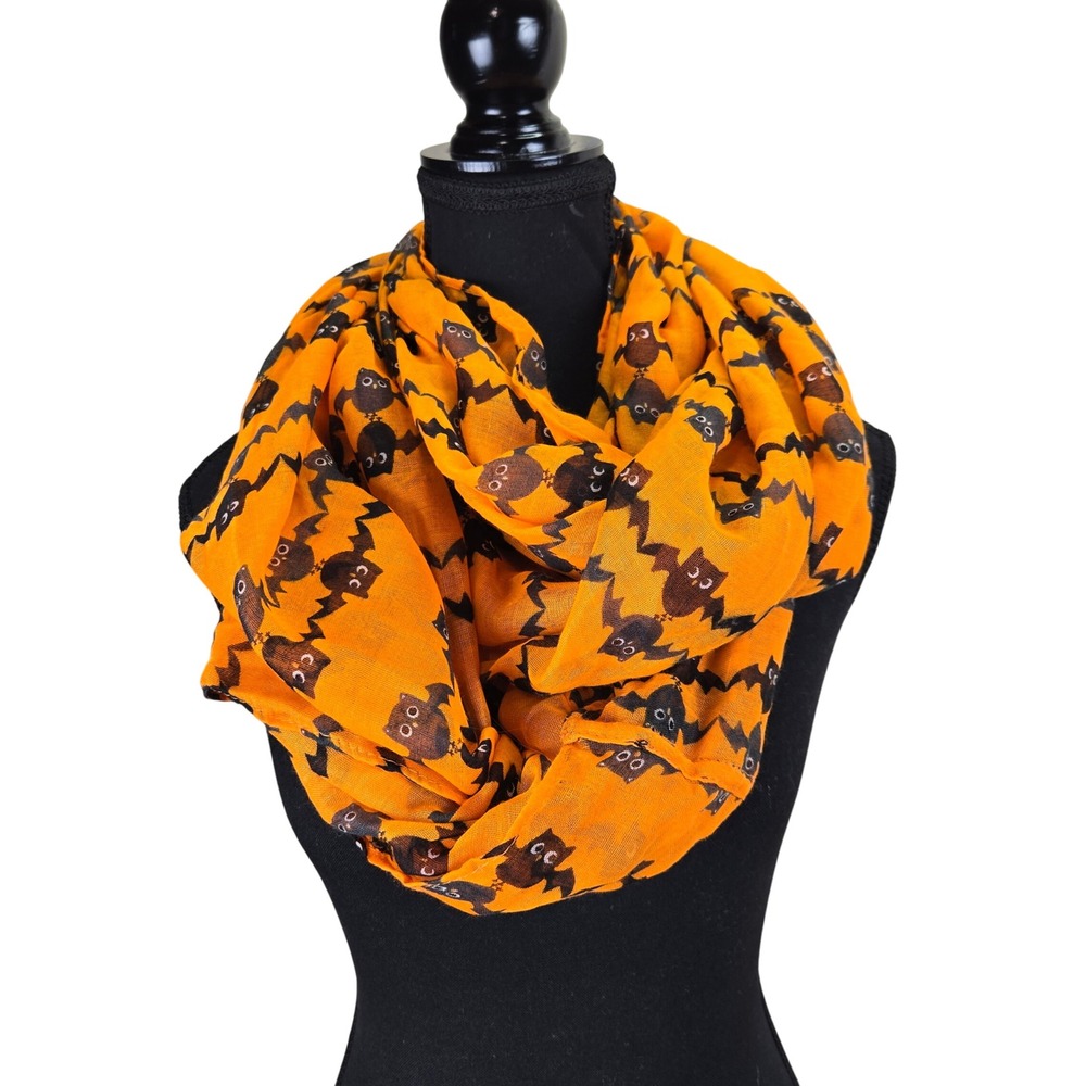 Halloween Bat‎ Print Infinity Scarf Orange Black Costume Accessory Lightweight
